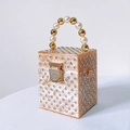 Cream acrylic evening box bag with rhinestones and pearl handle for formal events - Apricot