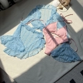 Flat lay of four-piece bikini set with pink rib fabric and blue lace cover-up details - S / Sky Blue