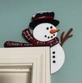 Décoration d'angle de porte bonhomme de neige en bois avec écharpe et chapeau haut - Style Bonhomme de Neige avec Chapeau et Écharpe Rouge (20cm)