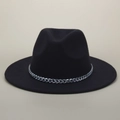 Detail of a black wool fedora hat featuring a chunky silver chain band and flat brim - M (56-58cm) / Black