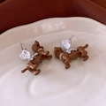 Brown dachshund stud earrings with heart zircon and pearl necklace in golden plating - 46# Silver Needle - Brown - Puppy