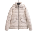 Beige hooded puffer jacket for women featuring horizontal quilting and large front pockets - XS / Off White