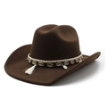 Detail eines braunen Cowboyhuts mit Muschelband, Quaste und silbernem Anhänger - M (56-58cm) / Kaffeebraun