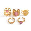 French vintage 18K gold plated stainless steel ring set with natural pink stones - Five-Piece Set