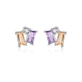 S925 silver stud earrings with purple and orange emerald-cut stones and white zircon - 925 Silver / Silver (Purple Rhinestone)