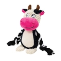 Close-up of cow plush pet toy with nubby texture and durable cotton rope legs - Cow