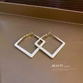 Minimalist white enamel square stud earrings with elegant gold plating for women - White Geometric Block Shape / White+Gold