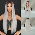 Long straight ombre wig with dark roots transitioning to silver grey, multi-angle view - Silver White Ombre