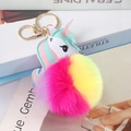 Cute unicorn pom-pom keychain with pastel pink and yellow faux fur for handbag charm - Light Gold 4-Link Lobster Clasp / 6cm Rainbow Unicorn