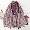 Bohemian purple geometric floral voile scarf with tassels on white background - SL2504-009 (Purple Orange Blue Ethnic Tassel)