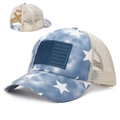 Casquette trucker en mesh drapeau américain avec motif étoiles et fente pour queue de cheval - Réglable / Bleu Ciel