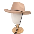 Detail of a brown wool felt cowboy hat with adjustable black chin strap and wide brim - M (56-58cm) / Camel