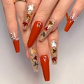 Franse lange kistnagels met herfst esdoornblad lovertjes en fonkelende strass-steentjes - Lijmstijl (JP2841)