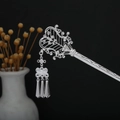 Silver geometric hollow hair stick with tassels and butterfly motif in retro style - Bowknot Conical Three-Drop Tassel (F280)