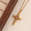 Collana vintage a croce dorata con design a sfere e ciondolo centrale in zircone cubico - Zirconia Bianca