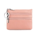 Pink lychee texture leather coin purse with three zipper pockets and a silver keychain - Peach Pink