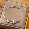 Silver stainless steel double-layer bracelet with star charms and matte beads - Stainless Steel Silver Layered Star Anklet (10913)