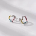 Hohle Herz-Ohrstecker aus Edelstahl mit bunten Zirkoniasteinen für modebewusste Frauen - Silber/Regenbogen Zirkonia