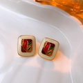 Vintage gold square earrings with cream enamel and colorful floral tulip patterns - No.31 Silver Pin Colorful Square Style