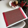Christmas rectangular woven placemat with red and green zigzag patterns and fringe trim - Red Green with Red Fringe