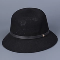 Close-up of black breathable knit bucket hat with leather band and gold metal button - M (56-58cm) / Black