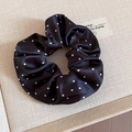 Elegant black scrunchie with white polka dots made of soft satin fabric for hair - Black Round Polka Dot (65# Hair Ring)