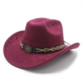 Close-up of wine red suede cowboy hat featuring leather band with bull emblem - M (56-59cm) / Wine Red Suede