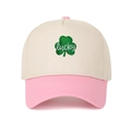 Detail of green leaf embroidery and white lucky script on beige and pink trucker cap - Adjustable / Cream/Pink