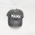 Detail of vintage gray washed baseball cap featuring white MAMA towel embroidery - Adult MAMA / Black