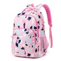 Pink school backpack for girls featuring blue geometric patterns and mesh side pockets - Pink