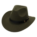 Detail of dark olive wool felt cowboy hat with leather band and gold metal hardware - One Size (57cm) / Army Green