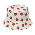 Detail of strawberry embroidery on a double-sided foldable cotton fisherman hat - Beige