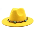 Bright yellow wide brim wool jazz hat with ethnic braided band and turquoise stones - M (56-58cm) / Yellow