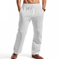 Detailed close-up of men's white linen blend striped pants featuring drawstring elastic waist - S / White