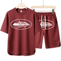 Completo due pezzi da uomo con t-shirt e pantaloncini bordeaux e stampe paesaggistiche bianche - Taglia M / Borgogna