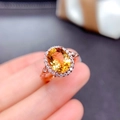 Macro shot of rose gold ring with oval yellow gemstone and sparkling diamond halo - Adjustable Open / Yellow Gemstone (Gold Tone)