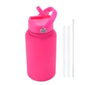 Insulated rose pink sports bottle with straw lid, extra straws and cleaning brush set - Fluorescent Rose Red