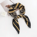 Elegant silk-like square scarf featuring leopard print and gold chain patterns - Black Leopard
