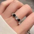 Elegant S925 silver ring featuring alternating black and cat-eye stones in a minimalist style - J4979 Silver Black White Cat Eye Ring