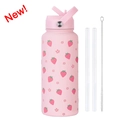 Set borraccia in acciaio inox rosa con stampa a fragola, cannucce e spazzola inclusa - Rosa Chiaro 11C2