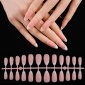 Macro detail of almond French tip press-on nails set in nude pink and white - French White Tip Long Almond Matte (HTMC-MP01)