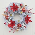 Frosted Christmas wreath with red flowers and gold ornaments on a white door - 45cm / Red