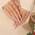 Winter coffin press-on nails with nude base, silver glitter, and snowflake festive designs - Nude Pink Snowflake Glitter Winter Coffin Style (JP1903)