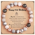 Bracelet 65e anniversaire avec jaspe zébré rose et pierres de lave noires pour femme - Bracelet en Pierre de Lave Zébrée Rose + Carte Joyeux 65ème