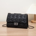 Elegant black quilted PU leather shoulder bag with metallic chain strap on wooden table - Small Diamond Quilted / Black
