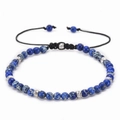 Detail of 4mm blue natural stone bead bracelet with adjustable woven knot cord - Dark Blue Marble Pattern Stone Style (09)