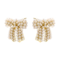 Golden bow stud earrings featuring white pearl inlay and pavé zircon details - VE1276 Gold
