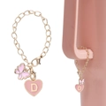 Golden Stanley cup chain with pink butterfly and heart charm featuring the letter D - Butterfly + Letter Charm / Pink Heart Letter D