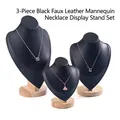 Three-piece set of black leather necklace display stands with wooden round bases - Black Leather 3-Piece Set