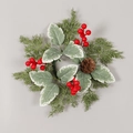 Christmas candle ring with red berries, pine needles, and pinecone on gray background - White-edged Leaf Red Berry Christmas Candle Ring (Without LED)